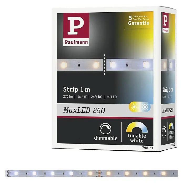 Paulmann MaxLED 250 Tira LED - Largo: 1 m, Blanco neutro, 4 W, 270 lm, IP20 - Embalaje de la tira LED Paulmann MaxLED 250 Strip 1 m, regulable, blanco ajustable, ideal para interiores con iluminación flexible.