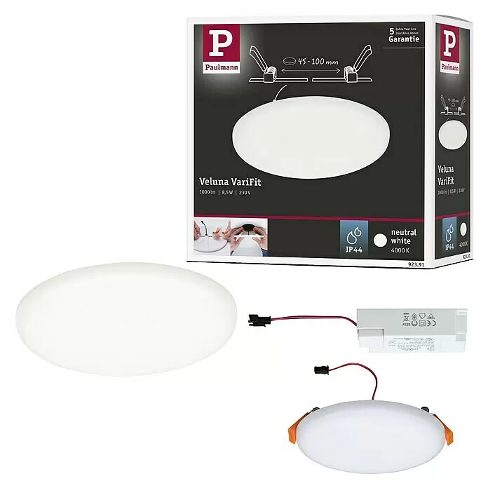 Paulmann Panel LED redondo Veluna - 8,5 W, Ø x Al: 12,5 x 3,1 cm, Satin, Blanco neutro, 4.000 K - Downlight LED ovalado blanco Paulmann Veluna VariFit con driver independiente y embalaje con especificaciones.