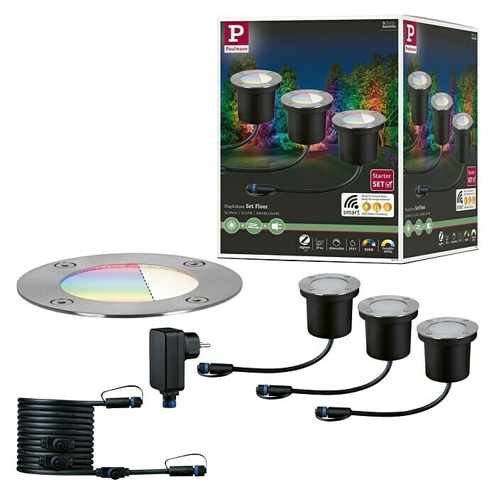 Paulmann Plug & Shine Osnovni set LED ugradbena podna svjetiljka Smart Home Zigbee  (3,6 W, Srebrna, Ø x V: 9,8 x 9,2 cm, Mogućnost upravljanja s pomoću aplikacije, IP65) | BAUHAUS