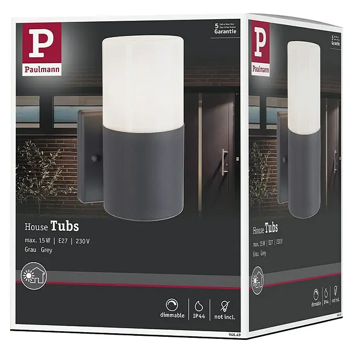 Paulmann Aplique exterior Tubs - 15 W, Gris, E27, IP44, Sin detector de movimiento - Embalaje del producto de una lámpara de exterior Paulmann "House Tubs" en gris. La lámpara es regulable y tiene protección IP44.