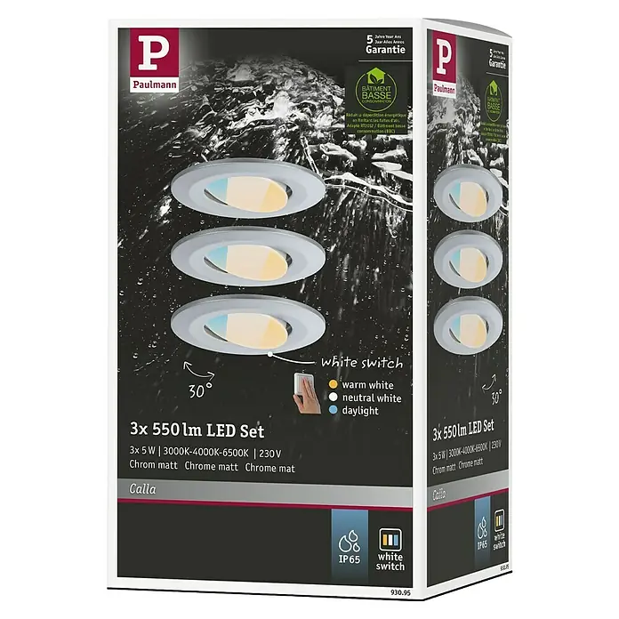 Paulmann Set de focos LED empotrables redondos Calla LED - 5,5 W, 3 ud., Temperatura de color ajustable: Escalones, Cromo mate - Embalaje de focos empotrables LED Paulmann, juego de 3 piezas, cromo mate, con control de temperatura de color para una iluminación ambiental.