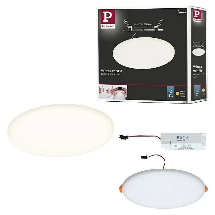 Paulmann Panel LED redondo Veluna - 17 W, Ø x Al: 18,5 x 3,1 cm, Satin, Blanco cálido, No regulable - Foco de techo empotrable LED redondo blanco con mecanismo de fijación ajustable y fuente de alimentación separada, mostrado con su embalaje.