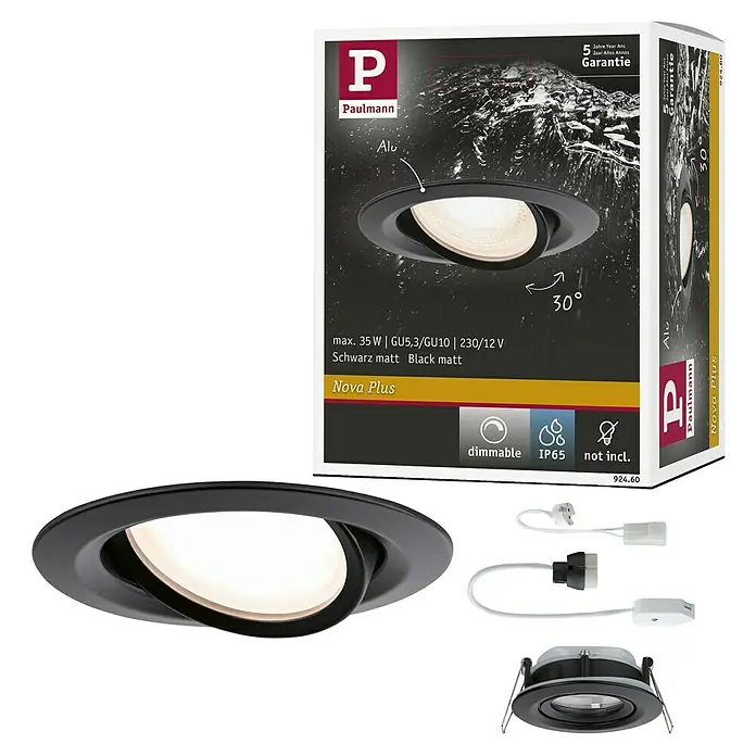 Paulmann Nova Downlight empotrable LED redondo Nova Plus - 35 W, Ø x Al: 9,3 x 4,5 cm, Negro - Imagen de un foco empotrable Paulmann Nova Plus en negro mate, regulable y con protección IP65, ideal para interiores.
