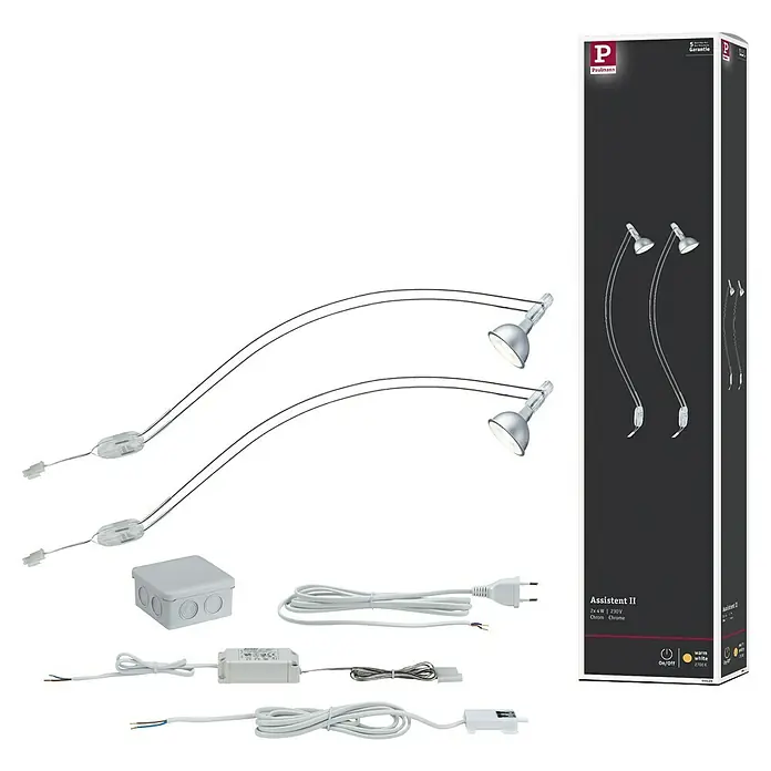 Paulmann Galeria Luz de armario LED Assistent II - 4 W, Cromo - Imagen del producto Paulmann Assistent II lámpara LED en cromo, con dos lámparas, accesorios y embalaje de venta al por menor.