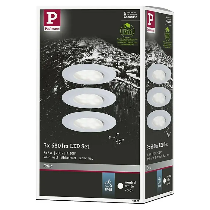 Paulmann Downlight LED empotrable Calla - 18 W, Blanco, IP65, 3 ud. - Set de focos LED empotrables Paulmann: 3x 680 lm, 6 W, blanco neutro (4000 K), IP65, para zonas húmedas. Acabado mate.
