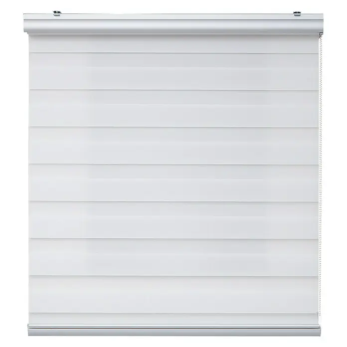 Estor noche y día Platinum Duolux - An x Al: 100 x 250 cm, Blanco - Primer plano de un estor enrollable blanco con rayas horizontales, que proporciona privacidad y control de la luz. El estor es elegante y funcional.