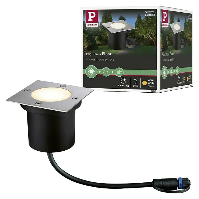 Paulmann Plug & Shine Bodeneinbauleuchte - 3,6 W, Warmweiß, IP65, Quadratisch - Das Bild zeigt einen Paulmann Plug & Shine Floor Bodeneinbaustrahler mit Zubehör und Verpackung. Der Strahler ist dimmbar und IP67 geschützt.