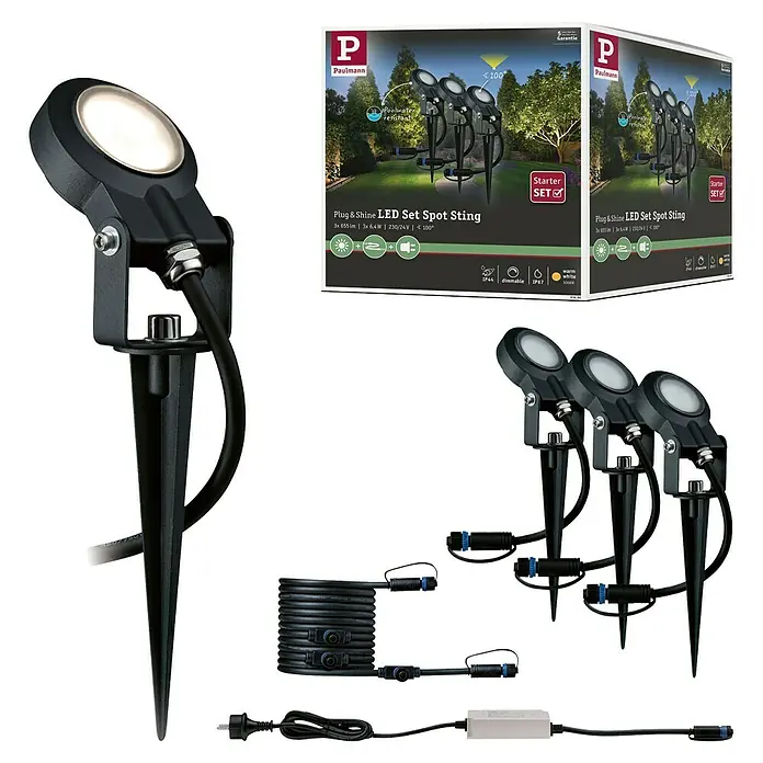 Paulmann Plug & Shine Basis-Set LED-Gartenstrahler Sting - 6 W, Erdspieß, IP67, 3.000 K - Paulmann Plug & Shine LED Spot Sting Set, ideal für die Gartenbeleuchtung. Das Set enthält 3 Spots, Trafo und Zubehör für eine einfache Installation.