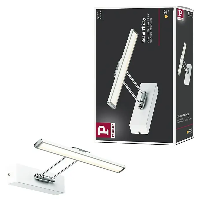 Paulmann Galeria LED-Bilderleuchte Beam Thirty - 5 W, L x B x H: 29 x 19 x 4,6 cm, Weiß, Warmweiß - Eine Paulmann Beam Thirty Wandleuchte in Weiß und Chrom ist abgebildet, die ein modernes und elegantes Design für Innenräume bietet.