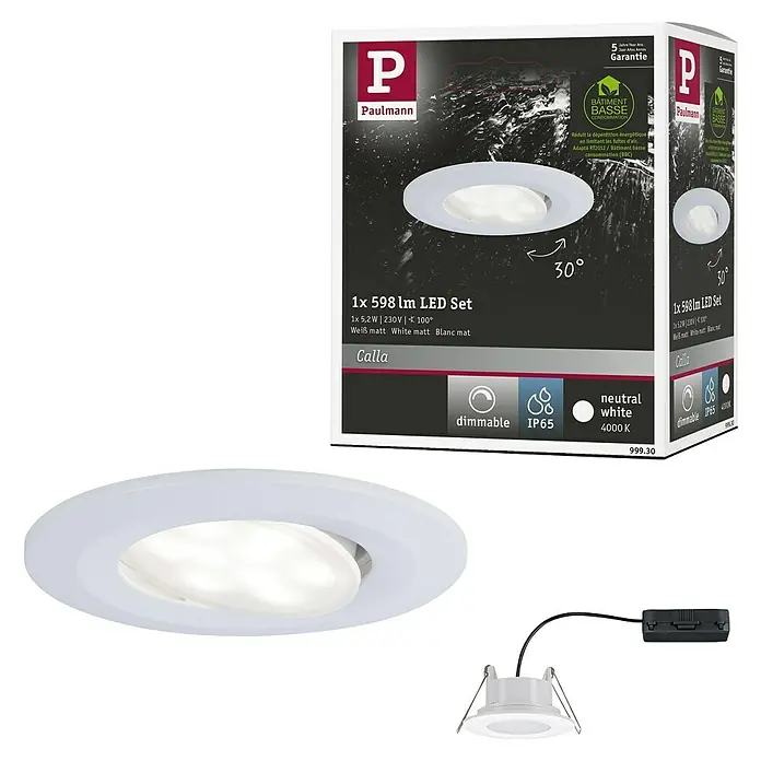 Paulmann Downlight LED empotrable Calla - Blanco neutro, 1 ud., IP65, Diámetro: 90 mm, Blanco - Imagen del conjunto de focos empotrables LED Paulmann Calla con función de atenuación y protección IP65, ideal para iluminación eficiente.