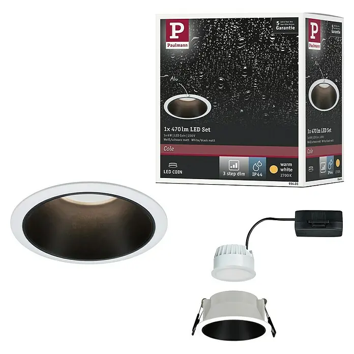 Paulmann Downlight LED empotrable Cole - 6,5 W, Negro, Blanco, Blanco cálido, 1 ud. - Set de focos empotrables LED Paulmann Cole, 1x470lm, ideal para iluminación elegante. Blanco/negro mate, dimmable & IP44.