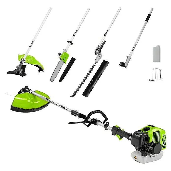 Zipper Benzin-Multitool ZI-GPS182J - 1.450 W - Abbildung eines Zipper ZI-GPS182J Kombi-Gartengeräts mit verschiedenen Aufsätzen.