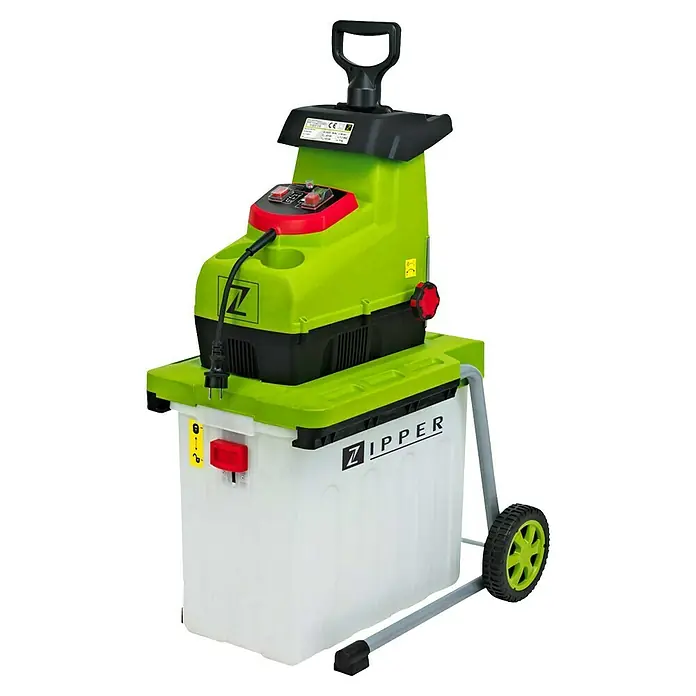 Zipper Elektro-Leisehäcksler ZI-GHAS2800 - Max. Aststärke: 4,5 cm, 2.800 W - Ein grüner Zipper Gartenhäcksler mit Auffangbehälter und Rädern für den einfachen Transport.