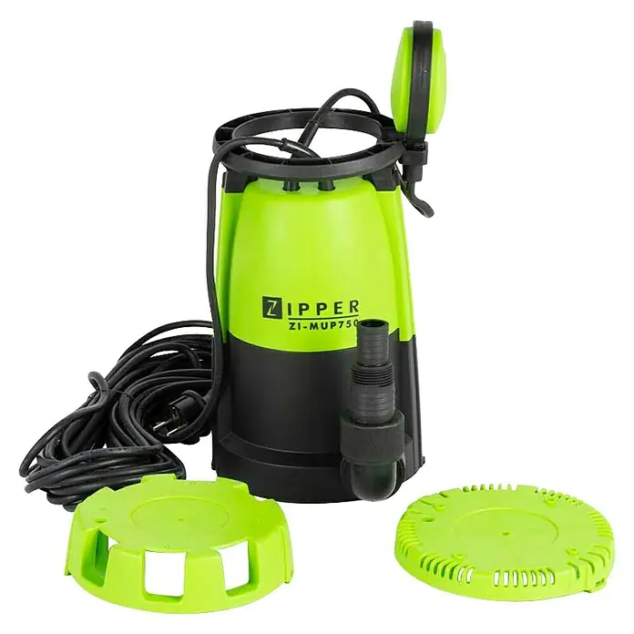 Zipper Schmutzwasserpumpe 3IN1 ZI-MUP750 - 750 W, Max. Fördermenge: 12.000 l/h - Das Bild zeigt eine Zipper ZI-MUP750 Schmutzwasserpumpe in Schwarz und Grün, mit Zubehör im Vordergrund, vor einem schwarzen Hintergrund.
