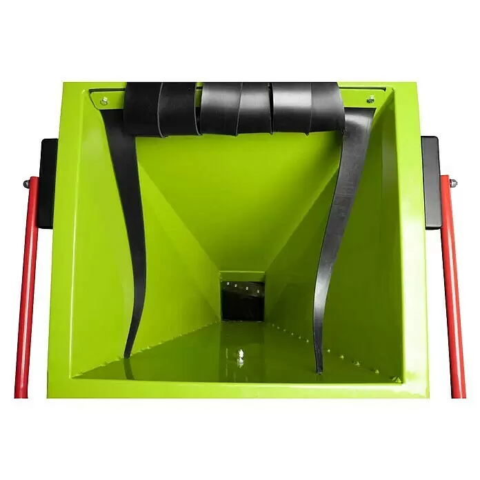 Zipper Benzin-Häcksler ZI-HAEK15000 - Max. Aststärke: 120 mm, 9 kW - Limettengrüner Industriebehälter mit schwarzen Gummisicherheitsklappen und roten Seitenstützen.