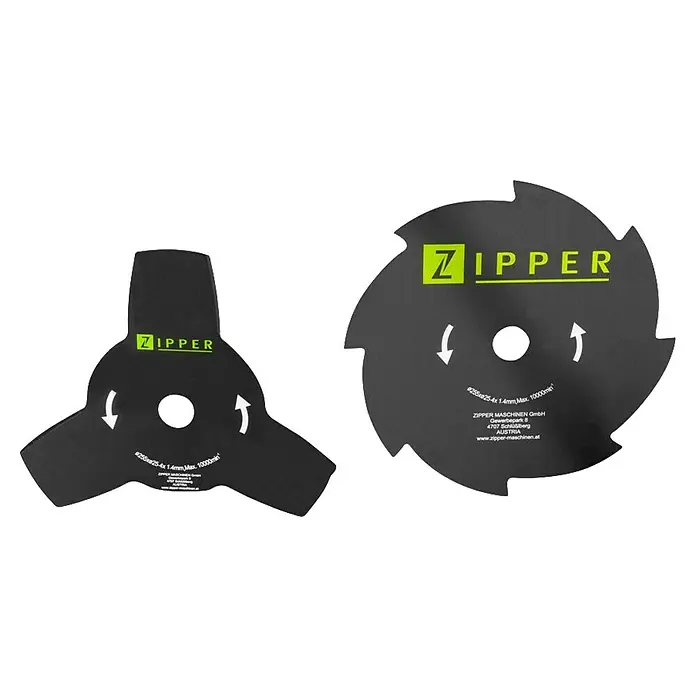 Zipper Benzin-Motorsense ZI-MOS145JAK - 1.450 W, Schnittbreite Faden: 43 cm - Abbildung von zwei schwarzen Zipper-Freischneiderblättern, eines mit drei Schneiden und das andere mit einem kreisförmigen Design.