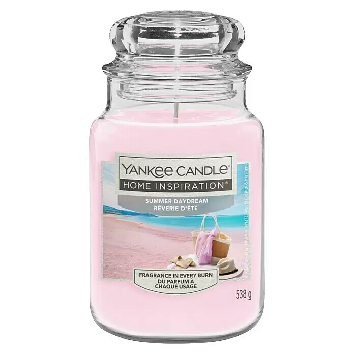 Yankee Candle Home Inspirations Duftkerze - Im Glas, Summer Daydream, Large - Rosa Yankee Candle in klarem Glasgefäß mit Deckel, beschriftet 'Summer Daydream', 538g.