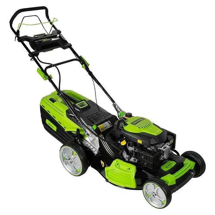 Zipper Benzin-Rasenmäher ZI-BRM52EST - 173 cm³, Schnittbreite: 52 cm - Ein grüner und schwarzer Rasenmäher mit einem Griff. Ideal für die Rasenpflege und Gartenarbeit.