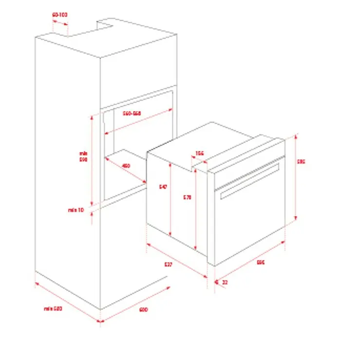 Teka Horno empotrado HLB 830 - Número de tipos de calentamiento: 6 ud., Volumen horno: 70 l - Ilustración de una cocina integrada con dimensiones detalladas, incluyendo el horno, para ilustrar los requisitos de instalación.