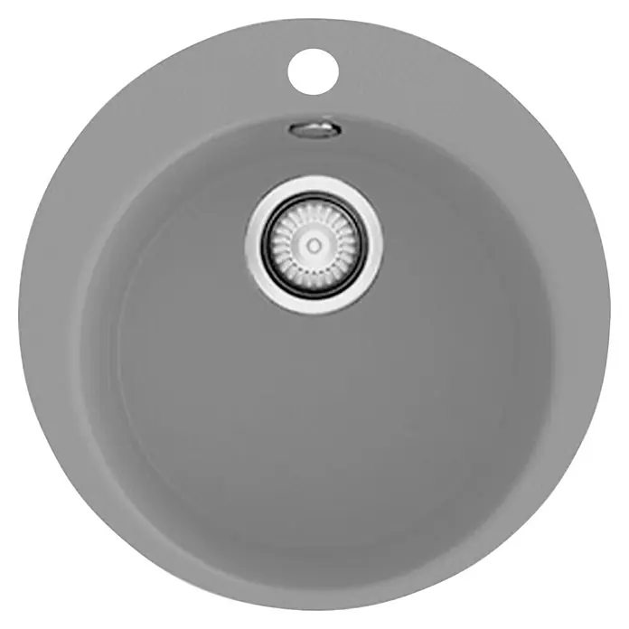 Poalgi Fregadero encastrable Zafiro - 48 x 48 cm, Material compuesto - La imagen muestra un fregadero moderno gris con un diseño redondo y un desagüe central. Ideal para cocinas o baños elegantes.