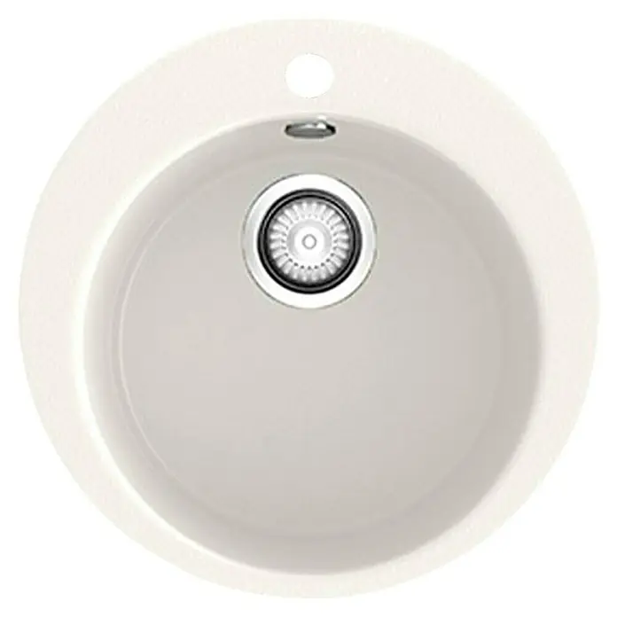 Poalgi Fregadero encastrable Zafiro - 48 x 48 cm, Material compuesto, Blanco - Primer plano de un fregadero redondo color crema con un desagüe centrado y un agujero para el grifo.