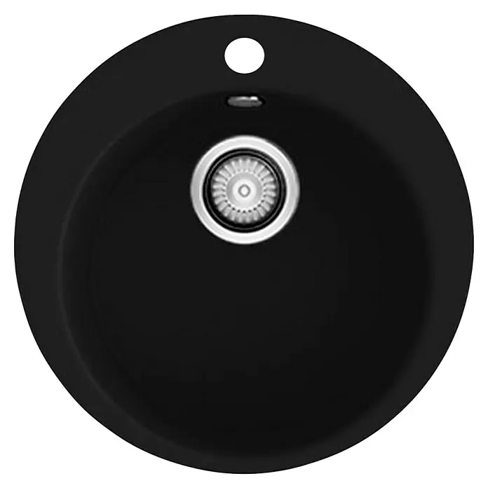 Poalgi Fregadero encastrable Zafiro - 48 x 48 cm, Material compuesto, Negro - Fregadero redondo negro con desagüe y orificio para grifo, ideal para cocinas modernas.