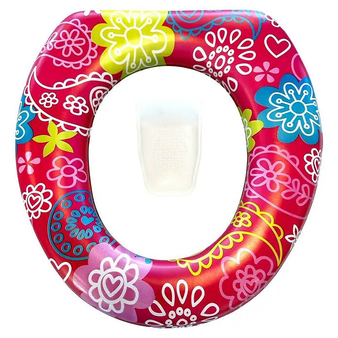 Wenko Asiento de inodoro infantil Baby Soft - Plástico, Multicolor - Asiento de inodoro inflable colorido con estampado floral y un recipiente rectangular blanco en el centro.