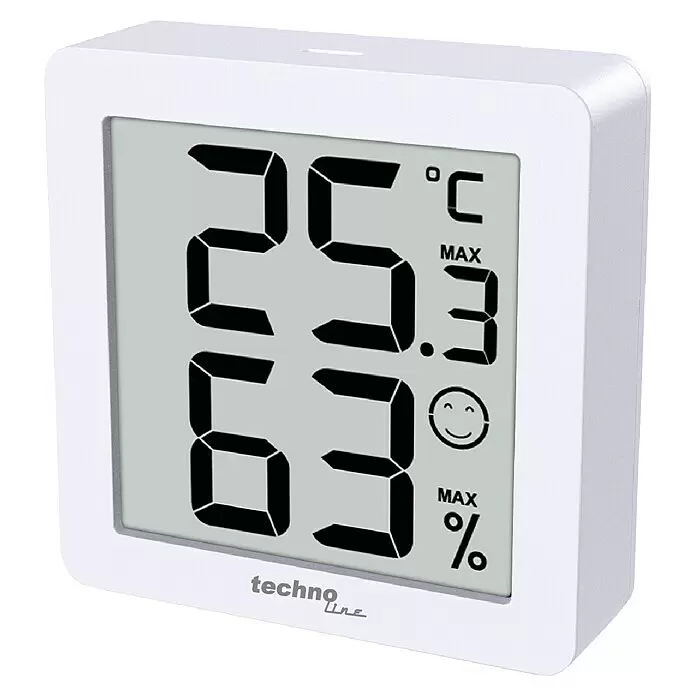 Technoline Digitales Thermo-Hygrometer 3er Set WS9425 - Batteriebetrieben, Weiß, 44 x 44 x 15 mm - Weißes digitales Thermo-/Hygrometer zeigt 25,3°C und 63% Luftfeuchtigkeit mit Komfort-Symbol an.
