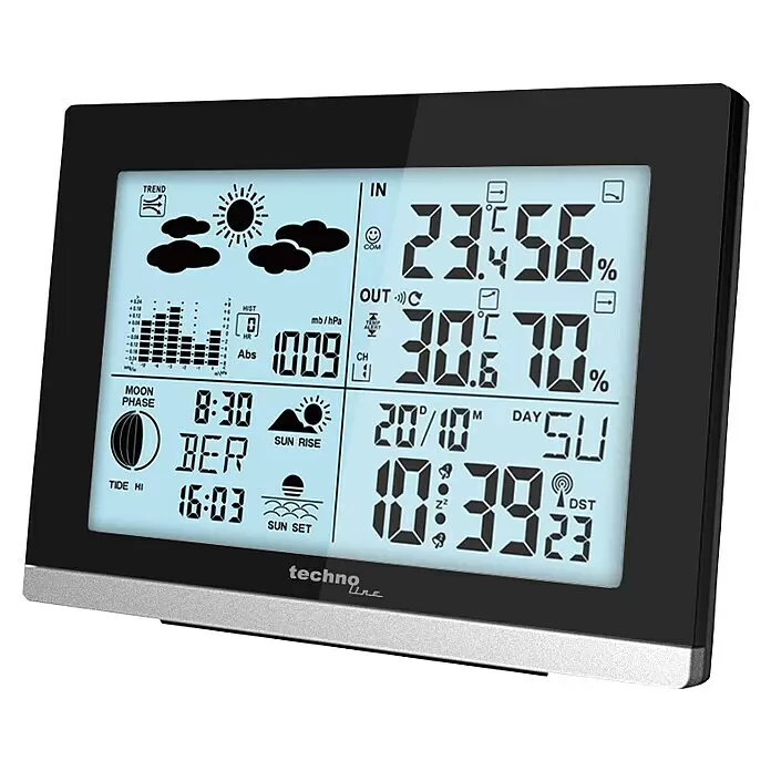 Technoline Funkwetterstation WS 6762 - Digitales Display, Batteriebetrieben, Schwarz/Silber - Schwarze und silberne digitale Wetterstation mit hellblauem LCD-Display, das Innen-/Außentemperatur, Luftfeuchtigkeit, Druck, Zeit und Wettervorhersage anzeigt.