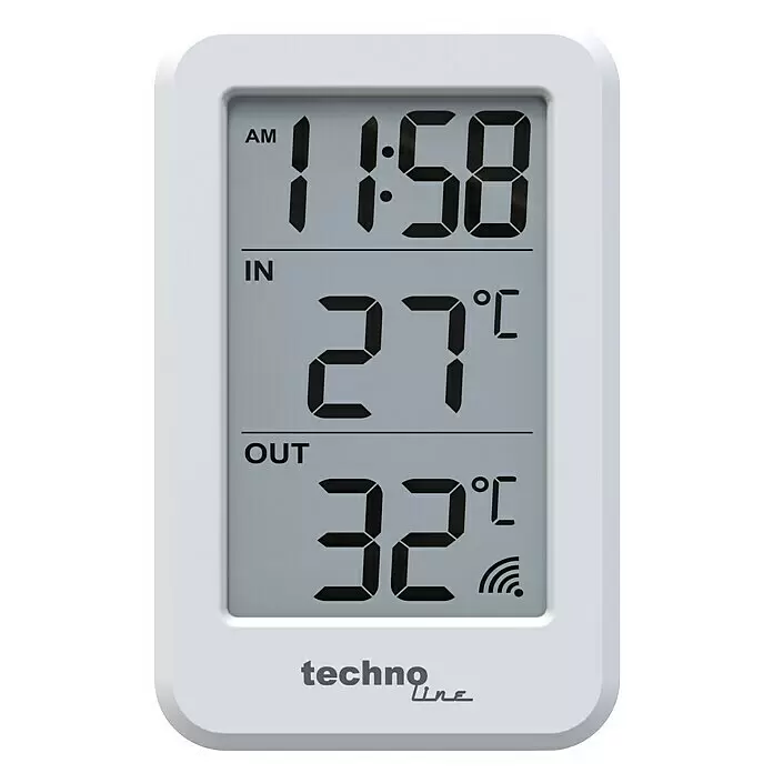 Technoline Thermometer mit Uhrzeit WS 9172 - Digitales Display, Maße Inneneinheit: 70 x 11 x 22 mm, Maße Außeneinheit: 39 x 97 x 25 mm - Weiße Digitaluhr und Thermometer zeigt 11:58 AM, 27°C innen, 32°C außen und Funksignal.