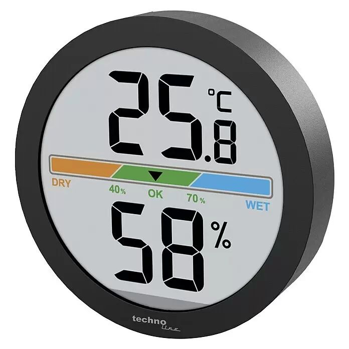 Technoline Digitales Thermo-Hygrometer WS 9418 - Batteriebetrieben, Schwarz, 60 x 15 mm - Rundes schwarzes digitales Thermo-Hygrometer, zeigt 25,8°C und 58% Luftfeuchtigkeit, mit farbiger Komfortanzeige 'OK'.