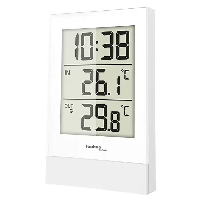 Technoline Thermometer mit Uhrzeit WS9178 - Digitales Display, Maße Inneneinheit: 85 x 134 x 17mm, Maße Außeneinheit: 40 x 104 x 27mm - Weißes digitales Thermometer und Uhr, das 10:38 Uhr, innen 26,1°C und außen 29,8°C anzeigt.
