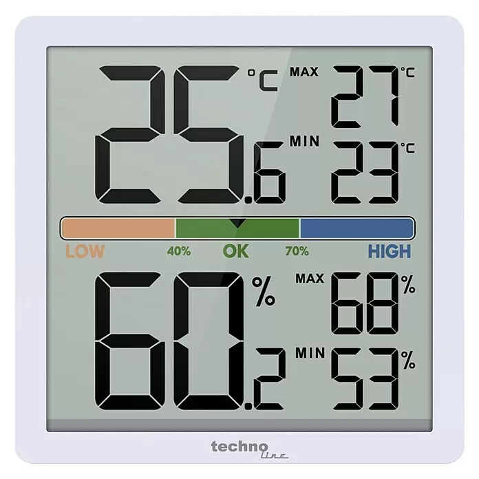 Technoline Digitales Thermo-Hygrometer WS9472 - Batteriebetrieben, Weiß, 70 x 70 x 20 mm - Weißes digitales Thermo-Hygrometer zeigt Temperatur, Luftfeuchtigkeit und Komfortstufen an.