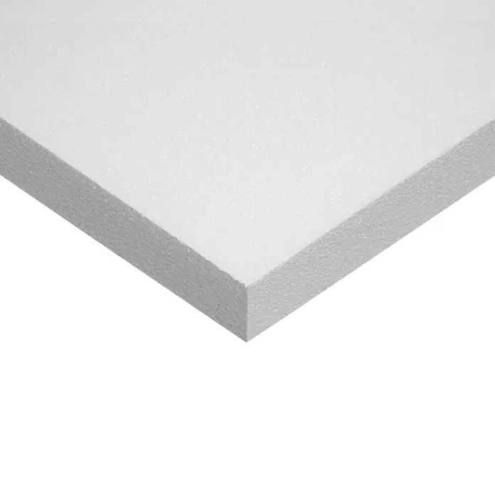 Soprema Placa de poliestireno Expandido EPS R - 200 x 100 x 6 cm, Plástico - Primer plano de una placa de poliestireno blanca utilizada para aislamiento y embalaje. El material es ligero y ofrece un buen aislamiento térmico.