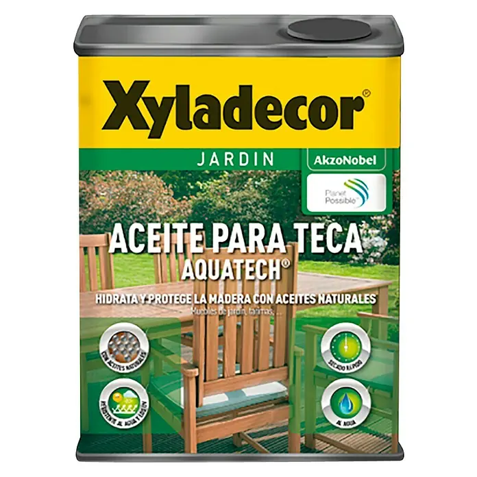 Xyladecor Aceite para teca Aquatech - 750 ml, Teca - Bote de aceite de teca Xyladecor Aquatech para muebles de jardín y tarimas, con aceites naturales, protege e hidrata la madera.