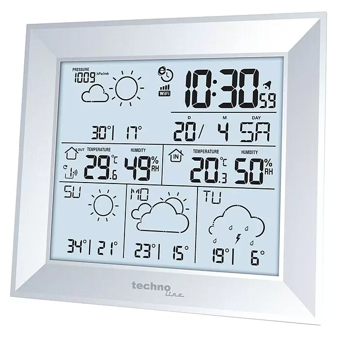 Technoline Funkwetterstation WD 2000 - Digitales Display, Silber, Smarte Steuerung: DirektWetter App - Digitales Wetterstation mit weißem Rahmen, zeigt Uhrzeit, Datum, Druck, Innen-/Außentemperatur/-feuchtigkeit & 3-Tages-Prognose.