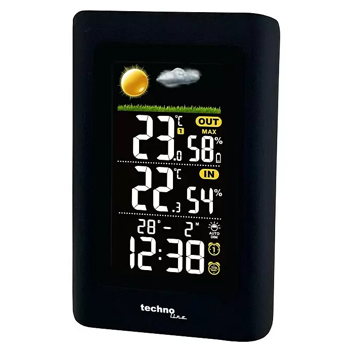 Technoline Funkwetterstation WS6447 - Digitales Display, Netzbetrieben, Schwarz - Schwarze digitale Wetterstation mit Anzeige von Innen-/Außentemperatur und Luftfeuchtigkeit, Uhrzeit, Datum und Wettersymbolen.