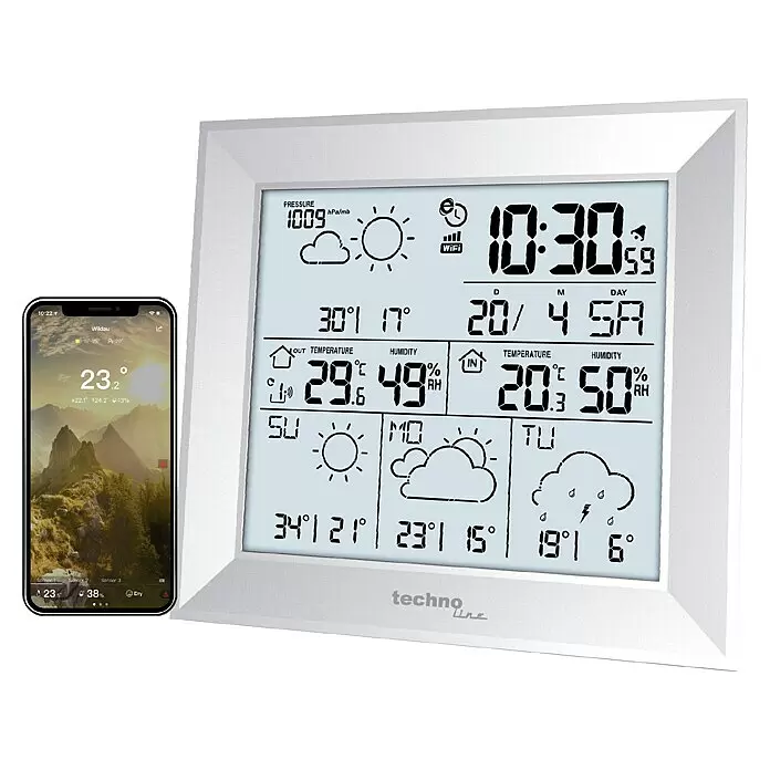 Technoline Funkwetterstation WD 2000 - Digitales Display, Silber, Smarte Steuerung: DirektWetter App - Weiße digitale Wetterstation zeigt Uhrzeit, Temperatur und Vorhersage, daneben ein Smartphone mit Wetter-App.