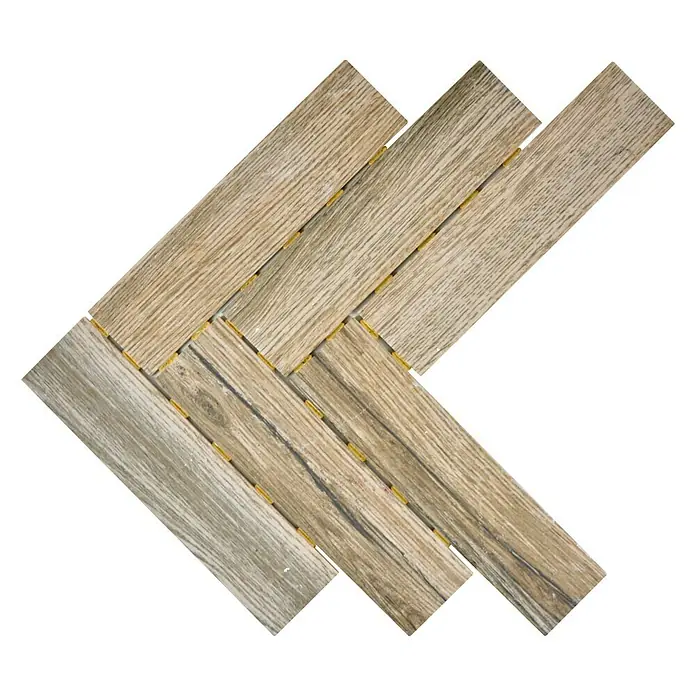 Mosaikfliese Fischgrät CDJ 19HB - 26,7 x 34,4 cm, Dunkelbraun, Matt - Ein Stück Holzfliesen im Fischgrätenmuster mit warmen Farbtönen und gelben Verbindungsstücken für eine einfache Installation.
