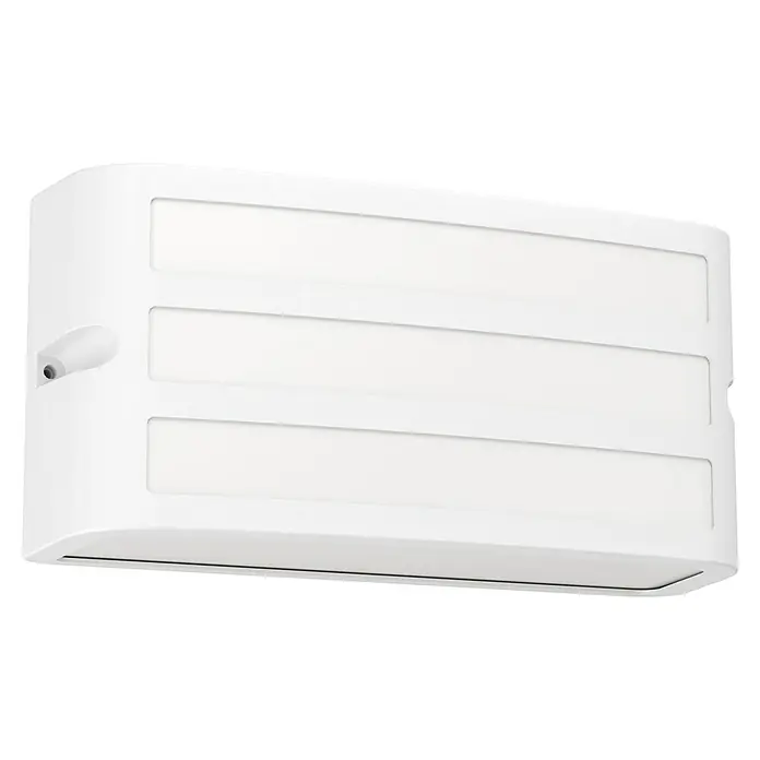 Eglo Aplique exterior Camarda - 40 W, An x Al: 22 x 11 cm, Blanco, IP54 - Primer plano de una lámpara de pared blanca con tres barras horizontales y un sensor lateral, ideal para exteriores.