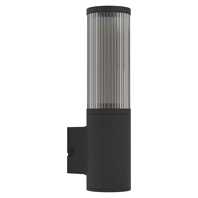 Eglo Aplique exterior Salle - 15 W, 7,5 x 31 cm, Negro, IP54 - Aplique de pared exterior gris oscuro con pantalla cilíndrica transparente acanalada y tornillo de montaje visible.