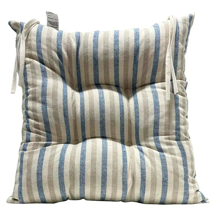 Cojín para silla Versalles Rayas - Textil, Azul/Beige - Cojín de asiento a rayas con botones y lazos. Ideal para sillas, agregando comodidad y estilo. El cojín es a rayas en azul, beige y blanco.