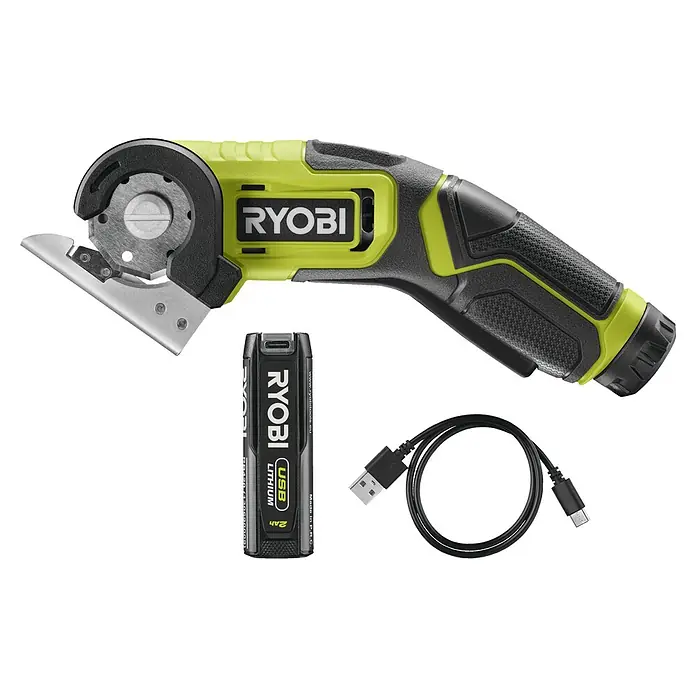 Ryobi 4V USB Akku-Universalschere RCT4-120G - 4 V, 1 Akku, 2 Ah - Ryobi Akku-Rotationsschneider mit Akku und USB-Ladekabel. Ideal für präzise Schnitte in verschiedenen Materialien im Haushalt oder Werkstatt.