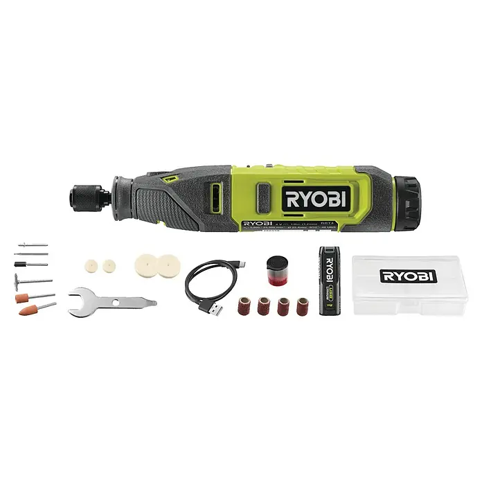 Ryobi 4V USB Akku-Multifunktionswerkzeug RRT4-120GA15 - 4 V, 1 Akku, 2 Ah - Das Ryobi RRT40-S Akku-Multifunktionswerkzeug mit Zubehör, perfekt für Schleif-, Polier- und Trennarbeiten.