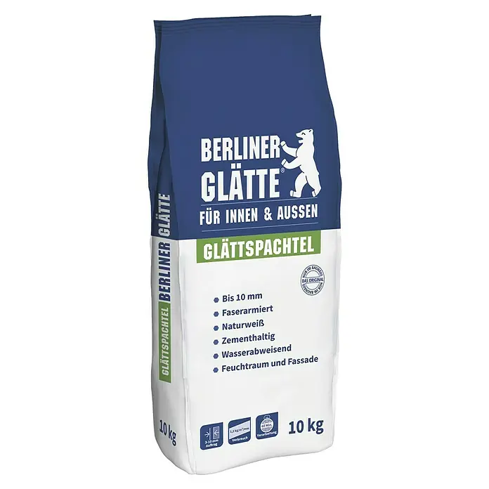 Berliner Glätte Glättspachtel - 10 kg - Sack Berliner Glätte Glättspachtel für Innen- und Außenbereiche. Der Glättspachtel ist faserarmiert, wasserabweisend und für Feuchträume geeignet.