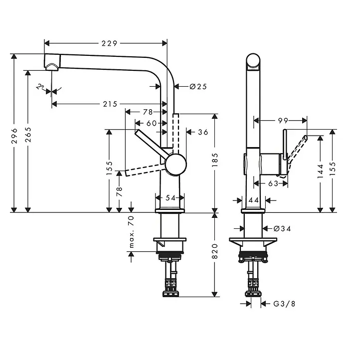 Hansgrohe Talis Spültischarmatur M54 - Ausladung Armatur: 229 mm, Matt Schwarz, Matt - Produktbild einer Küchenarmatur mit den dazugehörigen Massangaben in Millimetern.