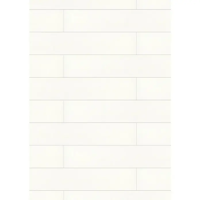 LOGOCLIC Decoration Paneel Weiß Hochglanz - 2.600 x 202 x 10 mm - Eine Nahaufnahme von weißen, horizontal verlegten Fliesen, die ein minimalistisches und sauberes Design für moderne Innenräume zeigen.