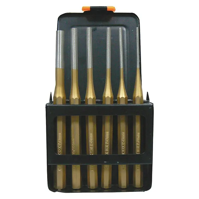 Punzón botador - 6 pzs. - Un juego de botadores de metal en una caja negra con cierre naranja. Ideal para artesanos y aficionados al bricolaje.