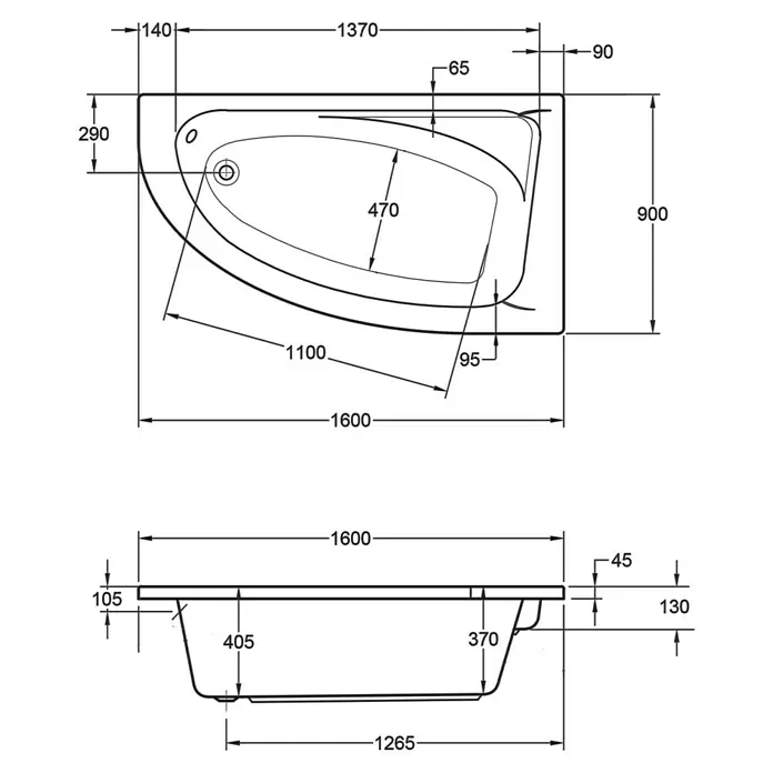 Ottofond Whirlpool Balaton - 160 x 90 cm, Sanitäracryl, Weiß, Komfort, Rechtsseitig - Technische Zeichnung einer asymmetrischen Badewanne mit genauen Abmessungen für Installationszwecke.