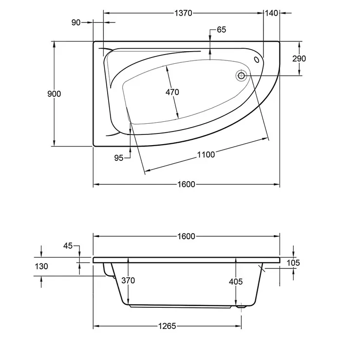 Ottofond Whirlpool Balaton - 160 x 90 cm, Sanitäracryl, Weiß, Komfort, Linksseitig - Technische Zeichnung einer Badewanne mit Maßen, die die Abmessungen und Details des Produkts hervorheben.